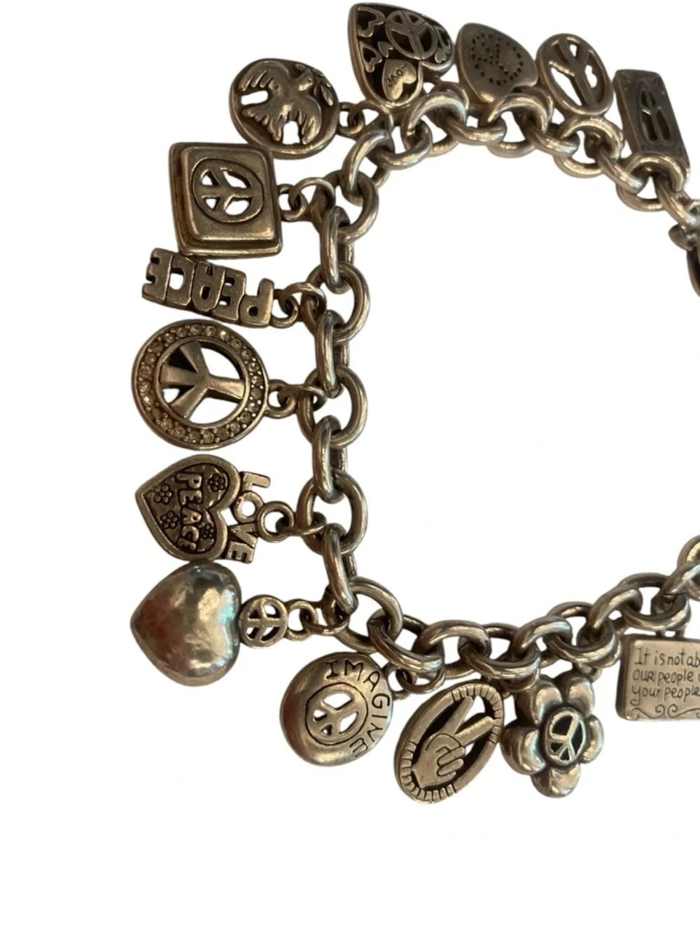 Brighton Women’s Peace Love Heart Silver Charm Bracelet Jewelry great condition